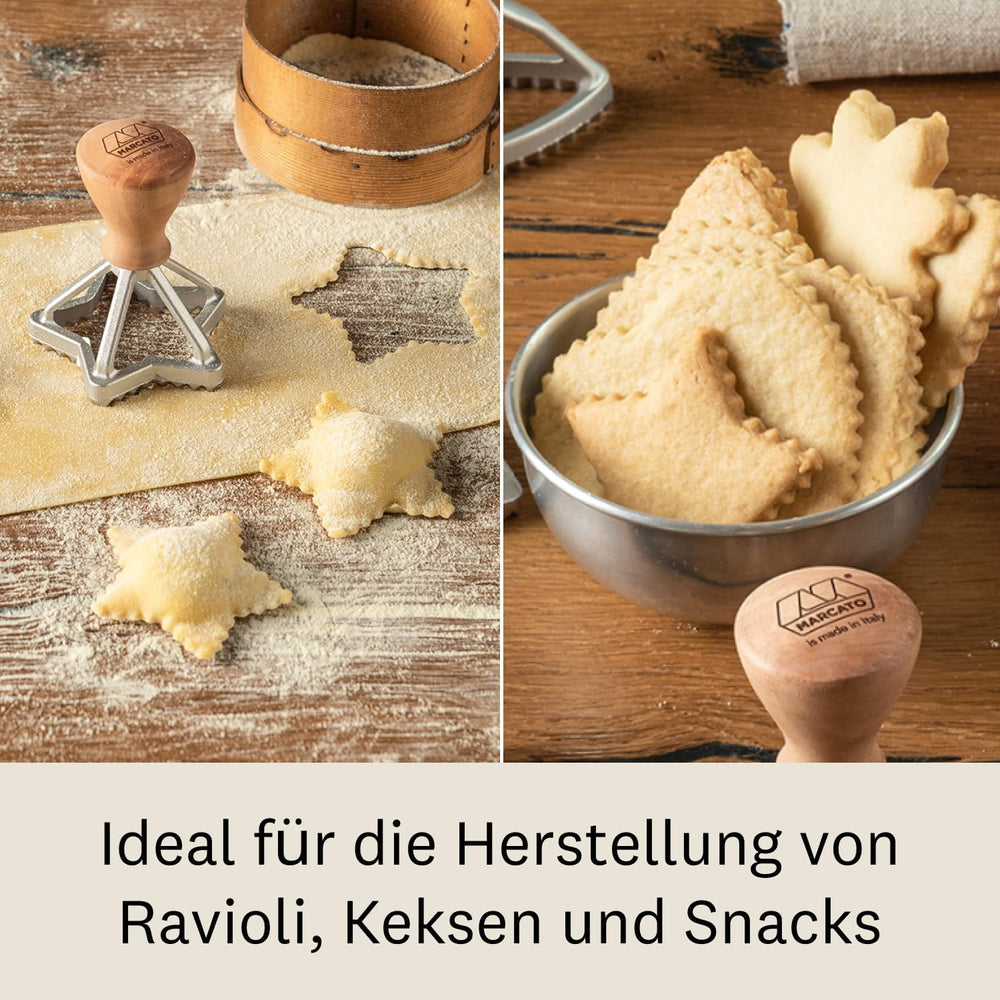 Set de forme pentru ravioli și biscuiți MARCATO, aparat de făcut ravioli, formă pentru biscuiți, lemn masiv și fontă, fabricat în Italia, formă de stea 65 mm + formă de floare 70 mm