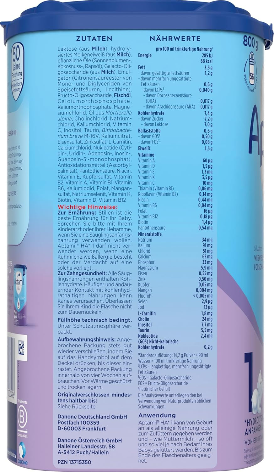 Aptamil HA 1 - Formula per lattanti dalla nascita, con DHA, senza lattosio, senza olio di palma, alimenti per l'infanzia, latte in polvere, 1 x 800 g