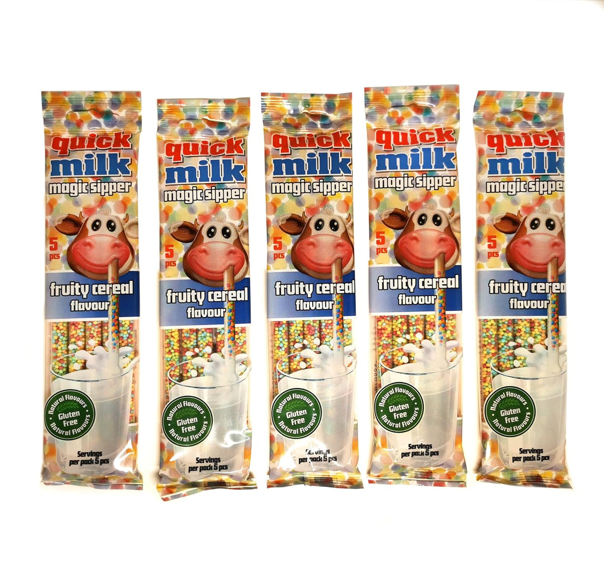 QUICK MILK Fruity Cereal - Strohhalme für Milch mit Getreide und Früchten, 5 Packung je 5 Trinkhalme (25 Halme)