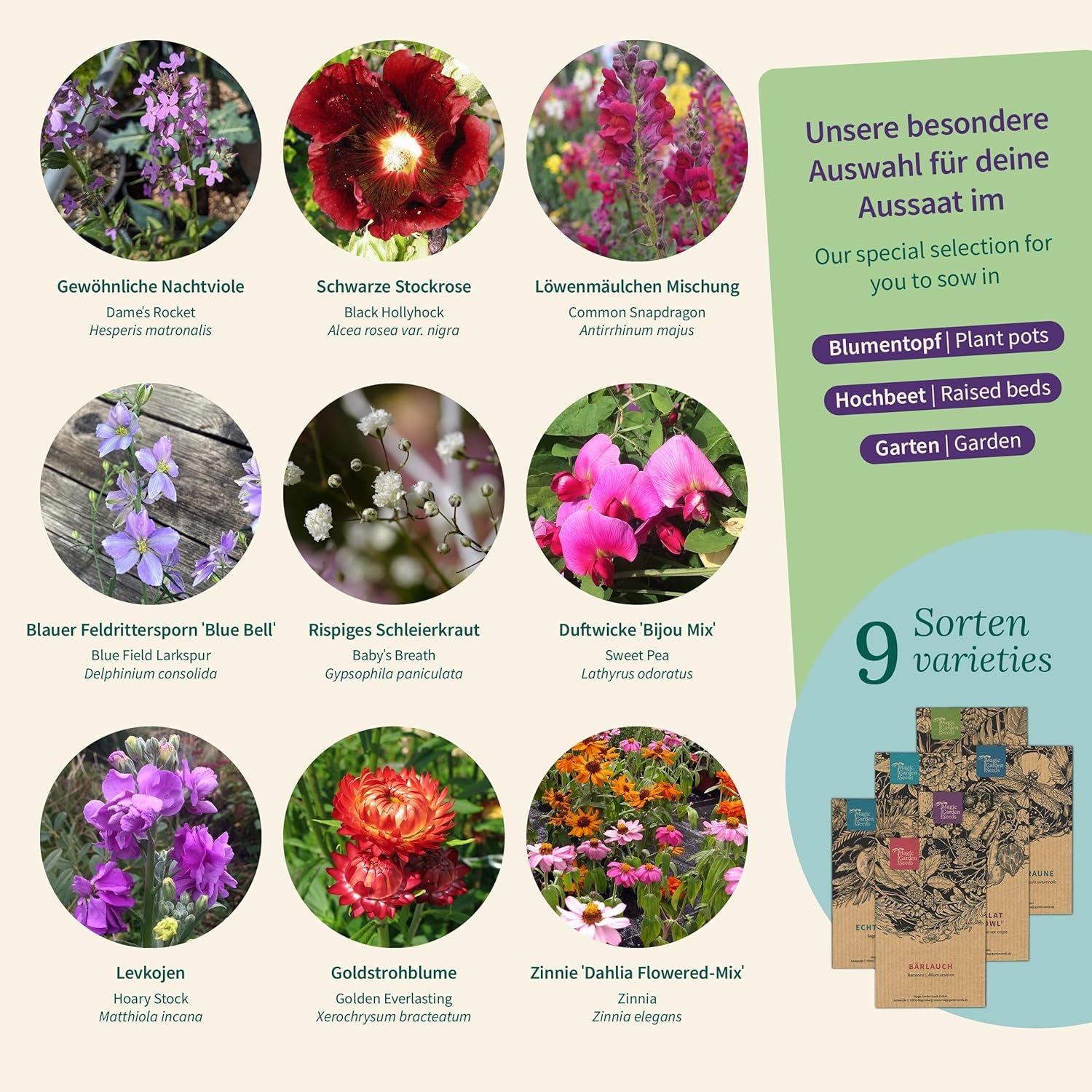 Magic Garden Seeds - Set di semi di fiori nostalgici - 9 fiori estivi tradizionali in stile giardino rustico - profumati, colorati e nostalgici - Idea regalo per gli amanti del giardino