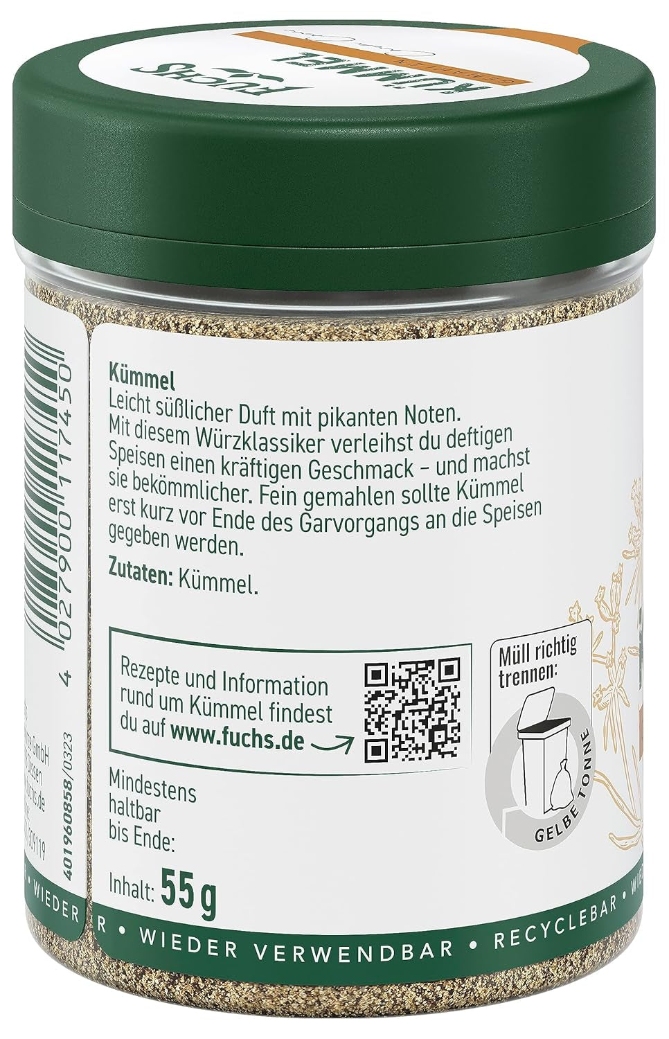Fuchs Gewürze - Kümmel gemahlen - klassisches Gewürze für daftige Gerichte wie Chili con Carne - ingredienti naturali - 55 g in wiederverwendbarer, recyclebarer Dose