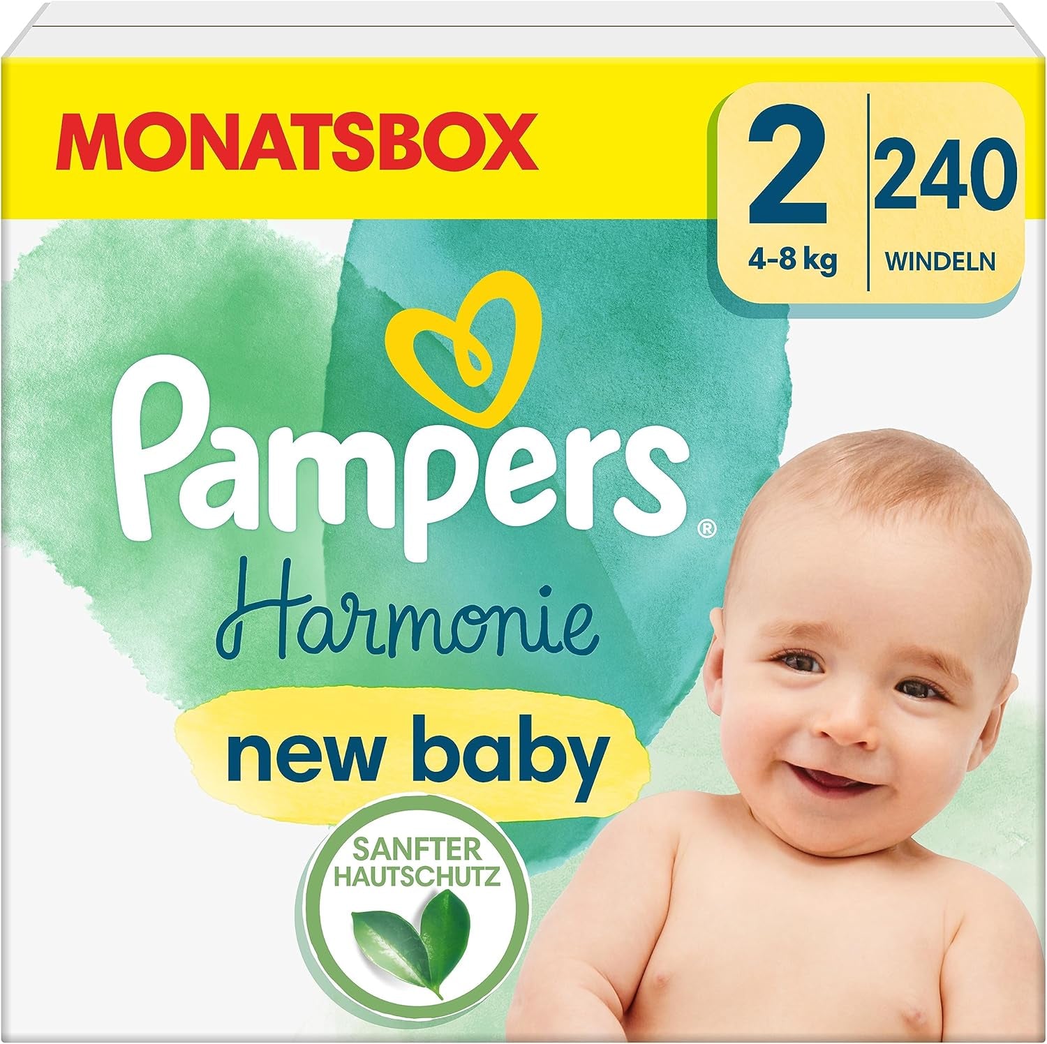 Pannolini Pampers per bambini, taglia 2 (4-8 kg), Harmony, scatola Half Moon, protezione delicata per la pelle e ingredienti a base di erbe, 240 pezzi
