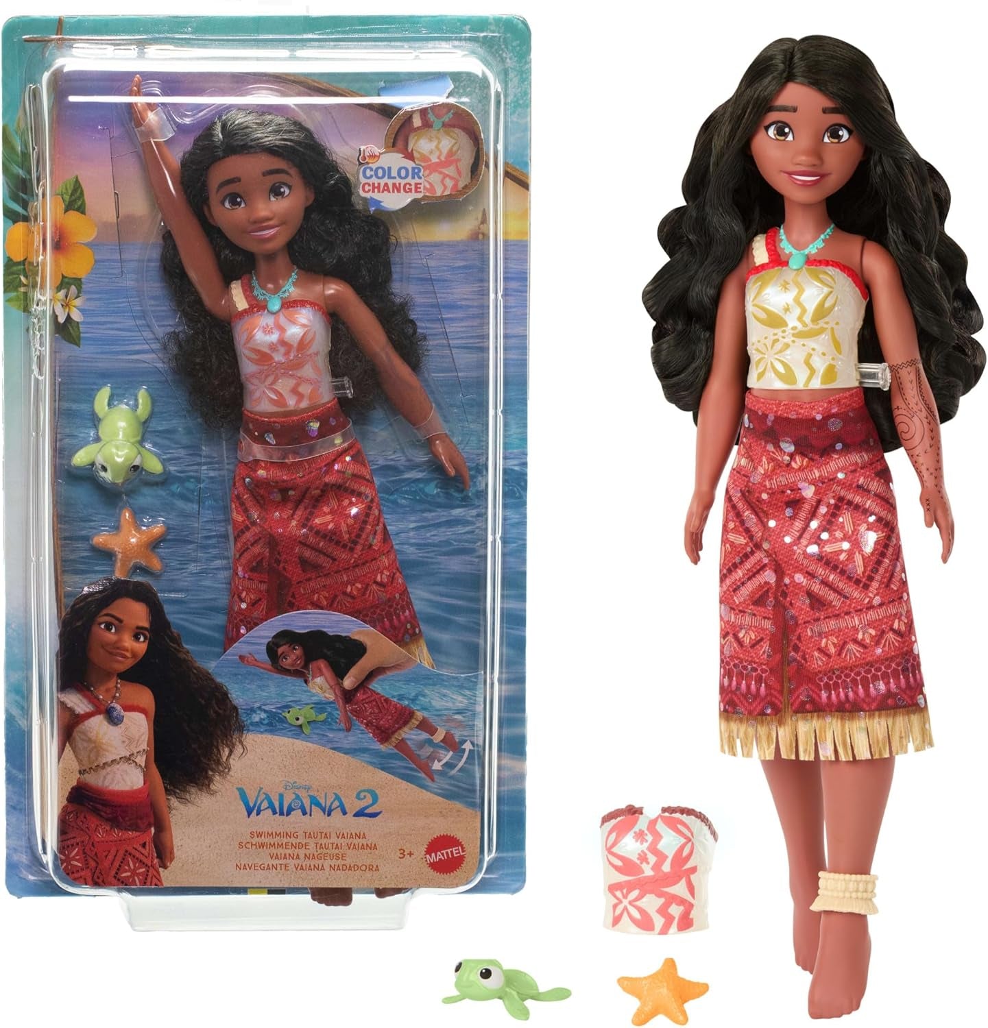 Jucării Mattel din Disney Moana 2, păpușă de modă Tautai Moana care înoată cu 2 accesorii, vârf și picioare care își schimbă culoarea pentru mișcări de înot, inspirată din film, JFF09