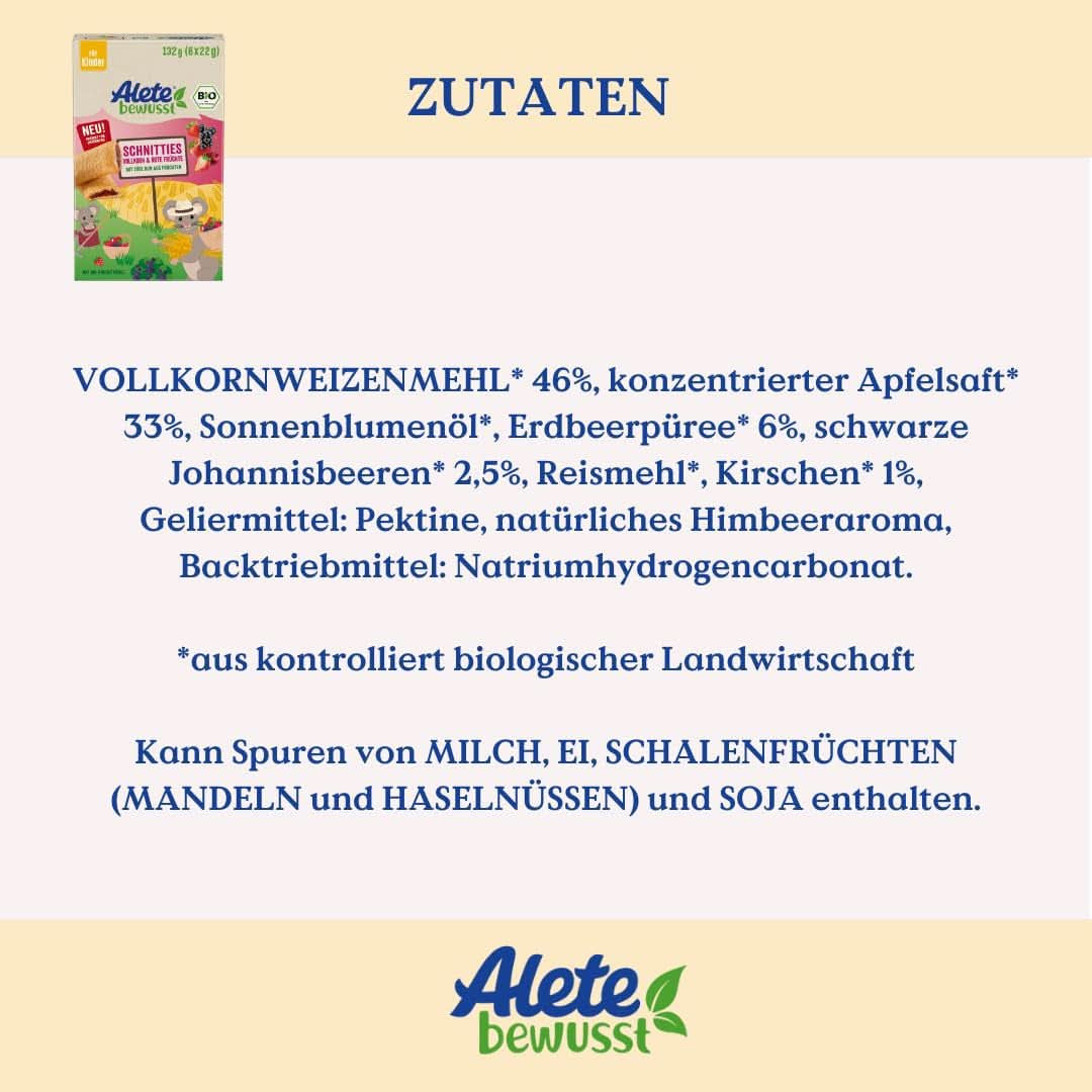 Alete Bio Schnitties, cereali integrali e frutti rossi 6 x 22 g Naty Shop Mamma e Bambino