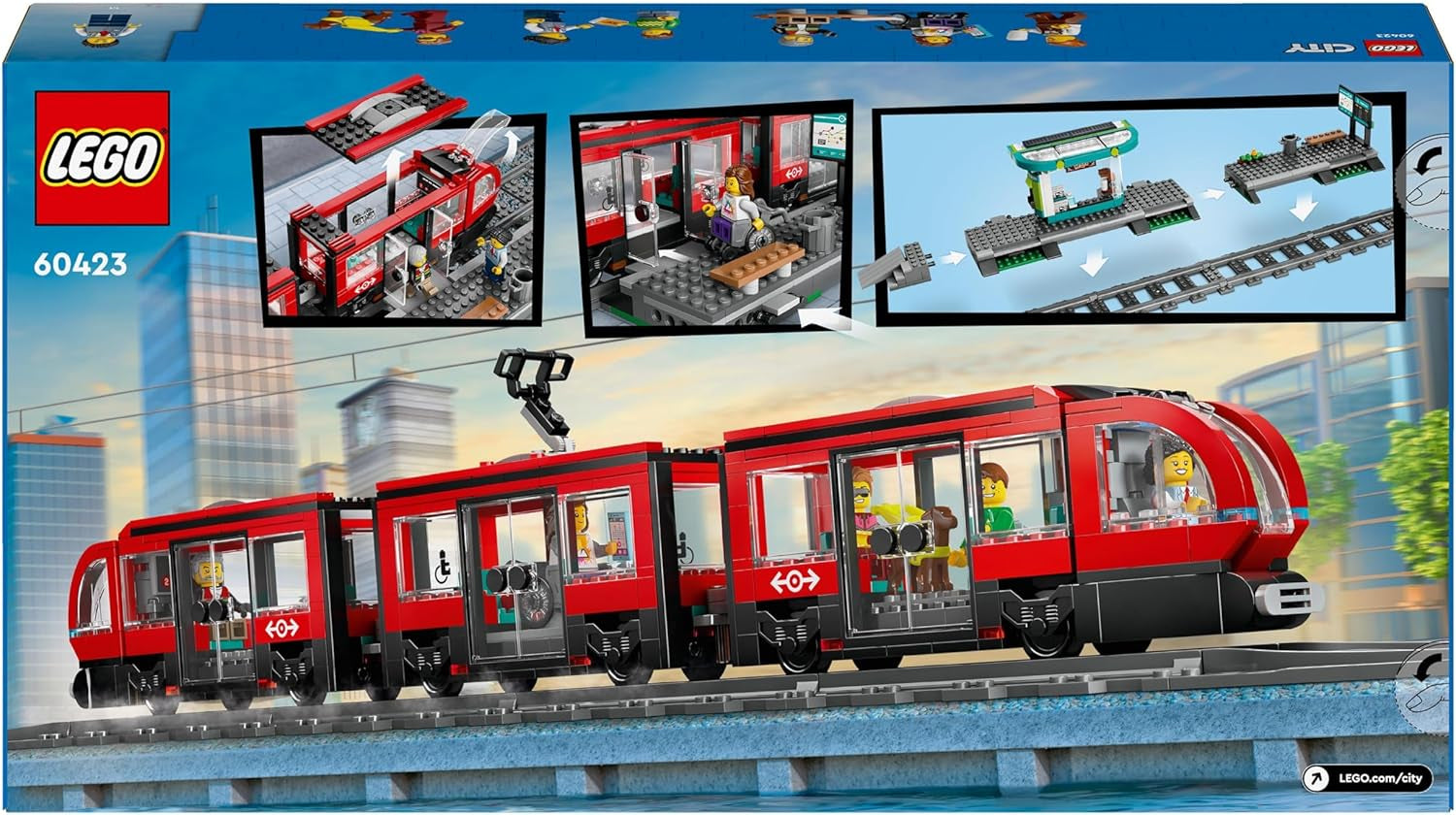 Tram LEGO City con stazione, idea regalo per gli appassionati di veicoli a partire dai 7 anni, con 6 minifigure e un cane guida per giochi di ruolo, giocattolo costruibile 60423 Set da costruzione Besuche den LEGO-Store