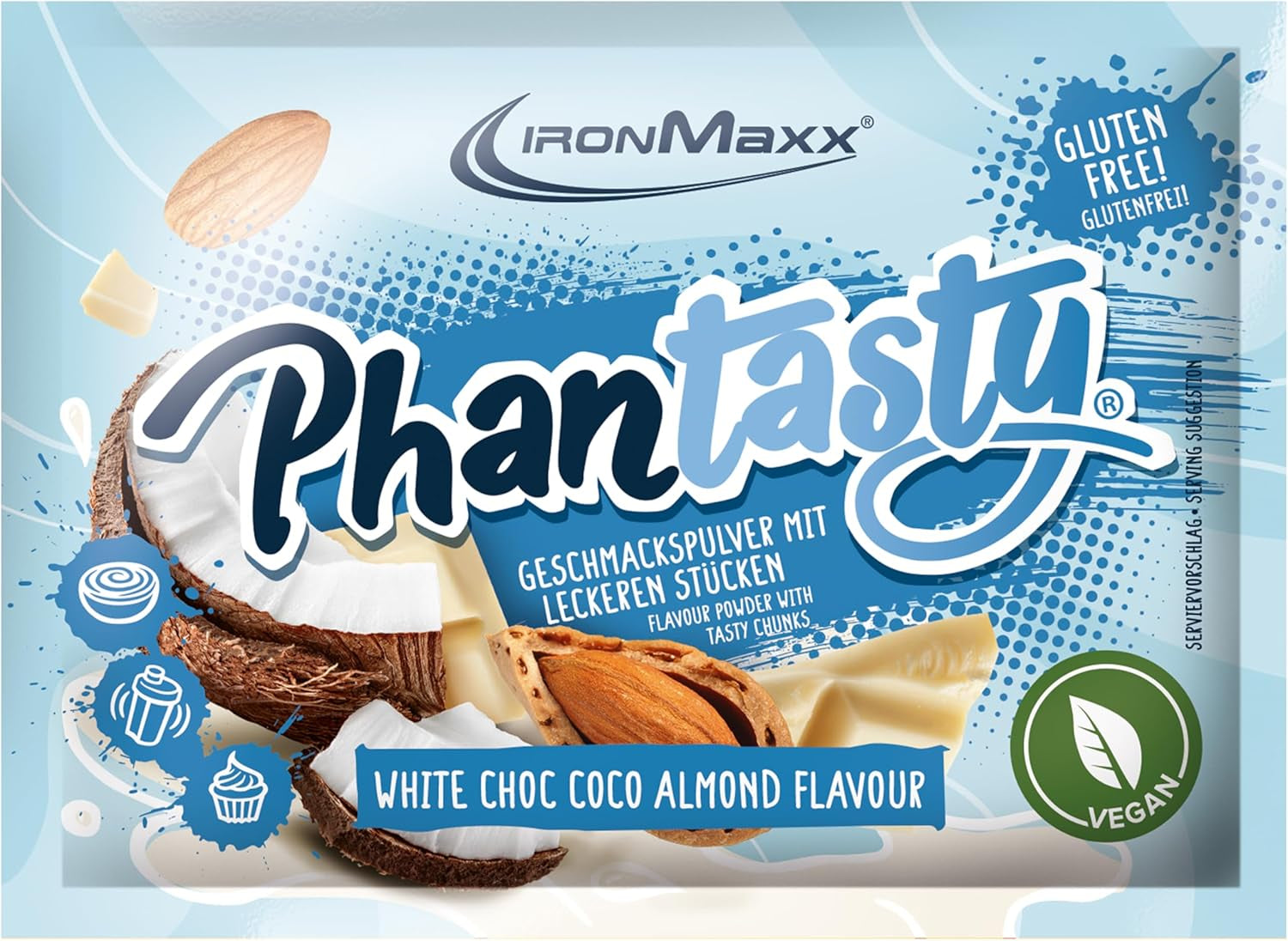 Ironmaxx Phantasty - Dose cremosa alla pesca 250G | Vegan Geschmackspulver Mit Echten Frucht- Oder Nussstückchen | Perfekter Zuckerersatz Dolcificanti Naty Shop 15 G (1Er Pack) Cioccolato Bianco - Mandorla Al Cocco