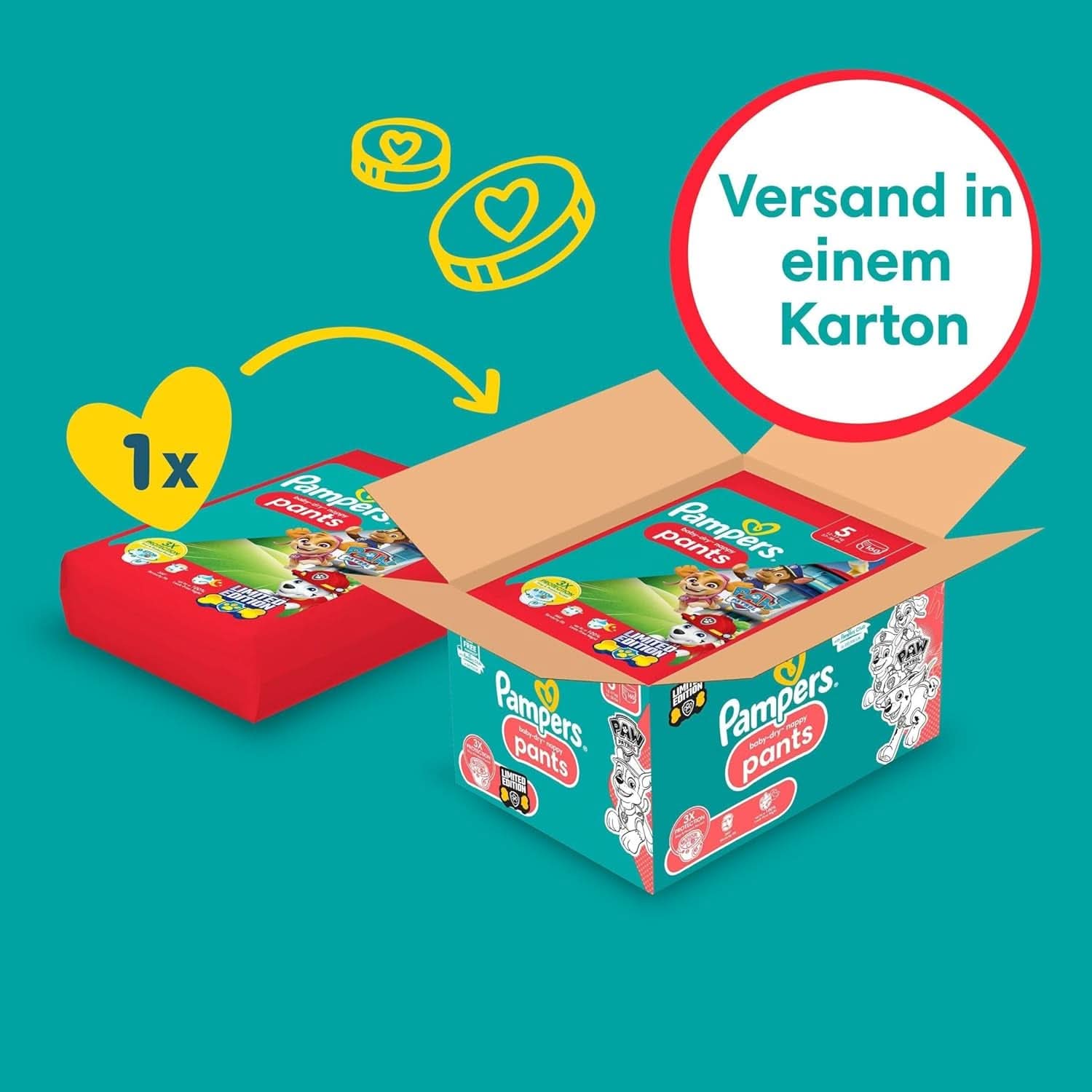 Pannolini Pampers Paw Patrol Pants taglia 5 (12-17Kg) Baby-Dry, Junior con tasca Stop e Protect, BOX MENSILE, 160 pannolini Naty Shop