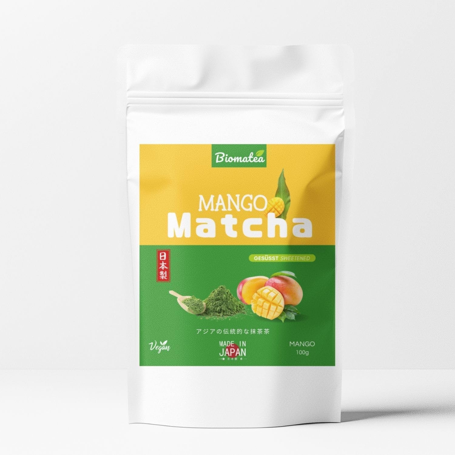 Pudră Matcha aromatizată – piersică japoneză, sakura sau mango – îndulcită – 100 g – solubilă instantaneu în apă sau lapte (Sakura)