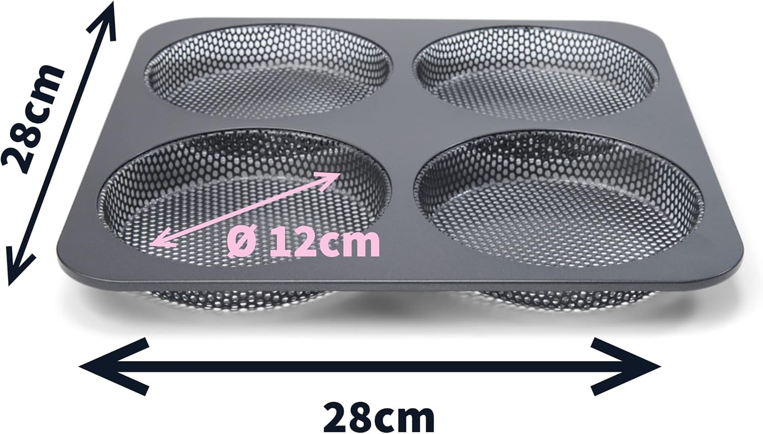Hamburgerbrötchen, Perforiert, Antihaftbeschichte, 4 Runde Mulden Mit Je 12 Cm, Pfannengröße 28 X 28 Cm, 2.5 Cm Tief, Mittelgroß, Schwarz Stampi e vassoi per dolci Naty Shop