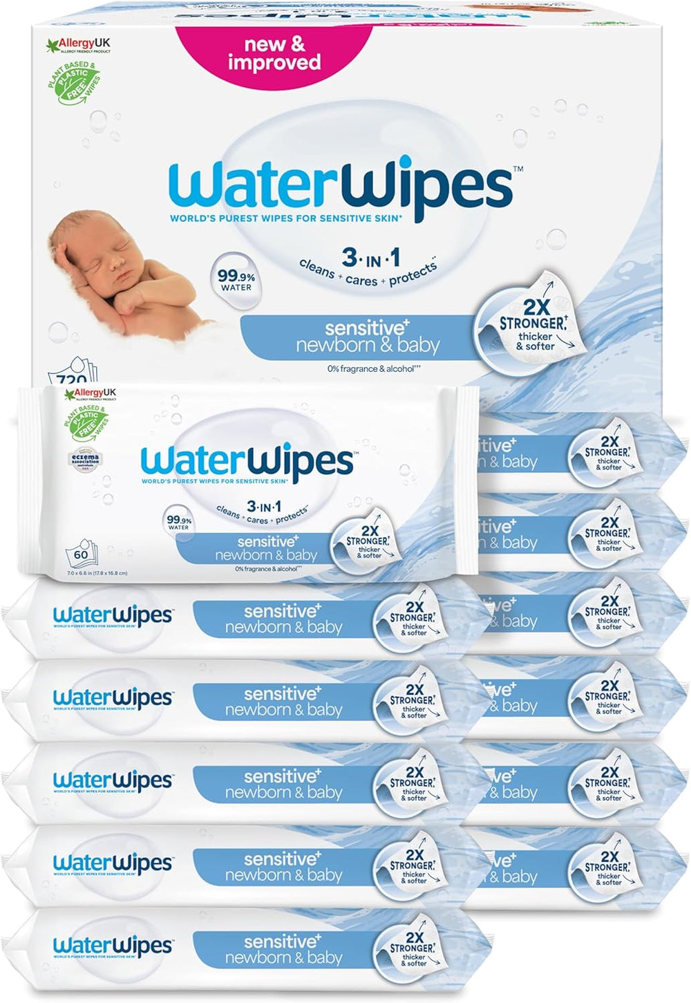 Salviette umidificate WaterWipes Sensitive+ per neonati e bambini, 540 pezzi (9 confezioni), pulizia 3 in 1, cura, protezione, 99,9% acqua, senza profumo