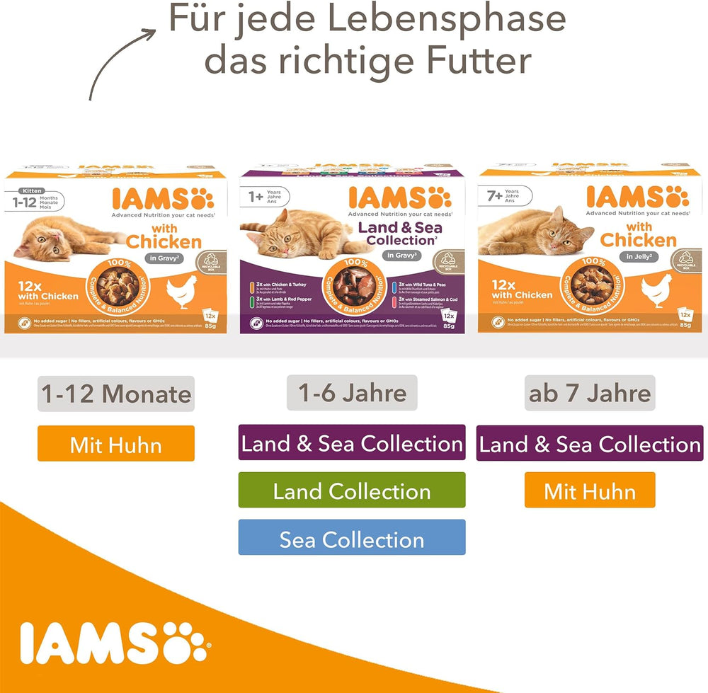 IAMS Delights Land Collection Hrană umedă pentru pisici - Pachet multiplu cu varietăți de carne (miel, vită, pui și curcan) în sos, hrană umedă pentru pisici de la 1 an, 12 x 85g