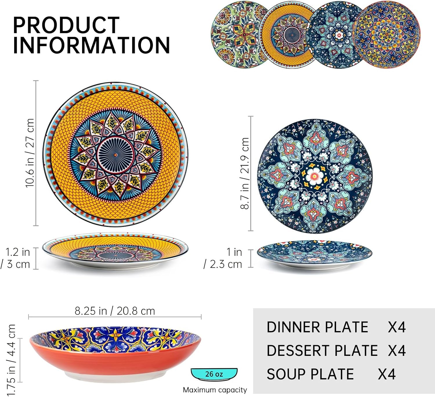 Set de veselă din porțelan HENXFEN LEAD, set de veselă cu 12 piese pentru 4 persoane, set de veselă colorat pentru 4 persoane - farfurii pictate manual, farfurii de desert, farfurii de supă - stil boem