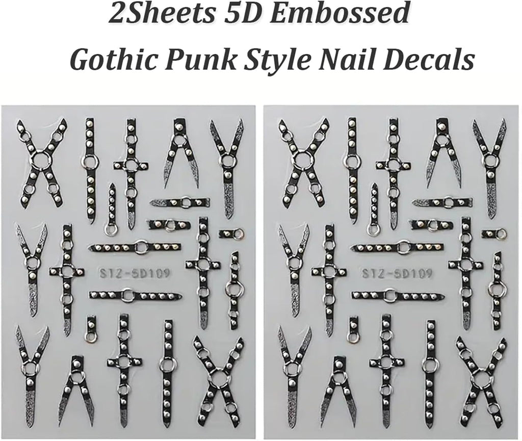 2PCS 5D Embossed Gothic Punk Nagelsticker, Nagel Sticker Selbstklebend Kreuz Und X-Form Halloween Nagelaufkleber, Nageldesign Zubehör Für Damen Nail Art