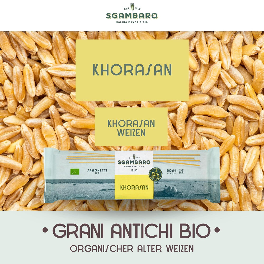 Spaghetti Biologici n. 5 - 500g di grano Khorasan – Grano antico, ricco di proteine, coltivato 100% italiano – Versatile in cucina e ricco di nutrienti