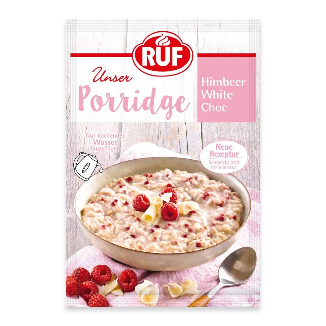 RUF Porridge Raspberry White Choc, Porridge istantaneo con pezzetti di lamponi e cioccolato bianco grattugiato, 65 grammi Cereale Naty Shop