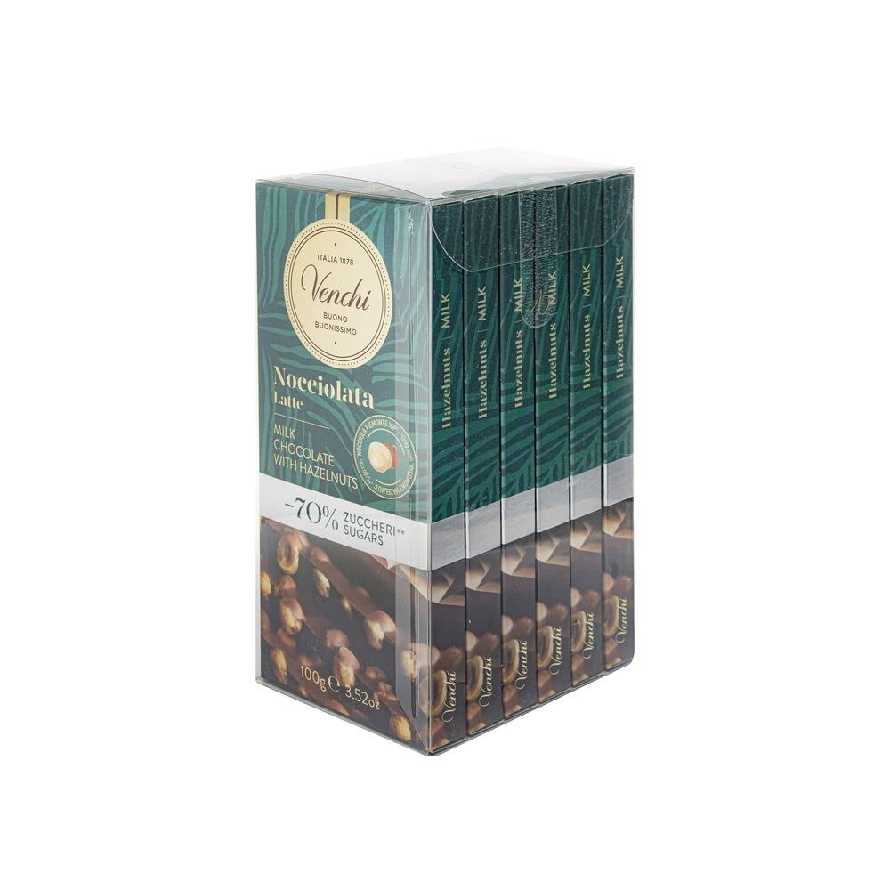 Venchi - Confezione da 6 tavolette di cioccolato fondente con nocciole, 600g - Senza zuccheri aggiunti - Senza dolcificanti artificiali - Senza glutine - Vegan - Idea regalo