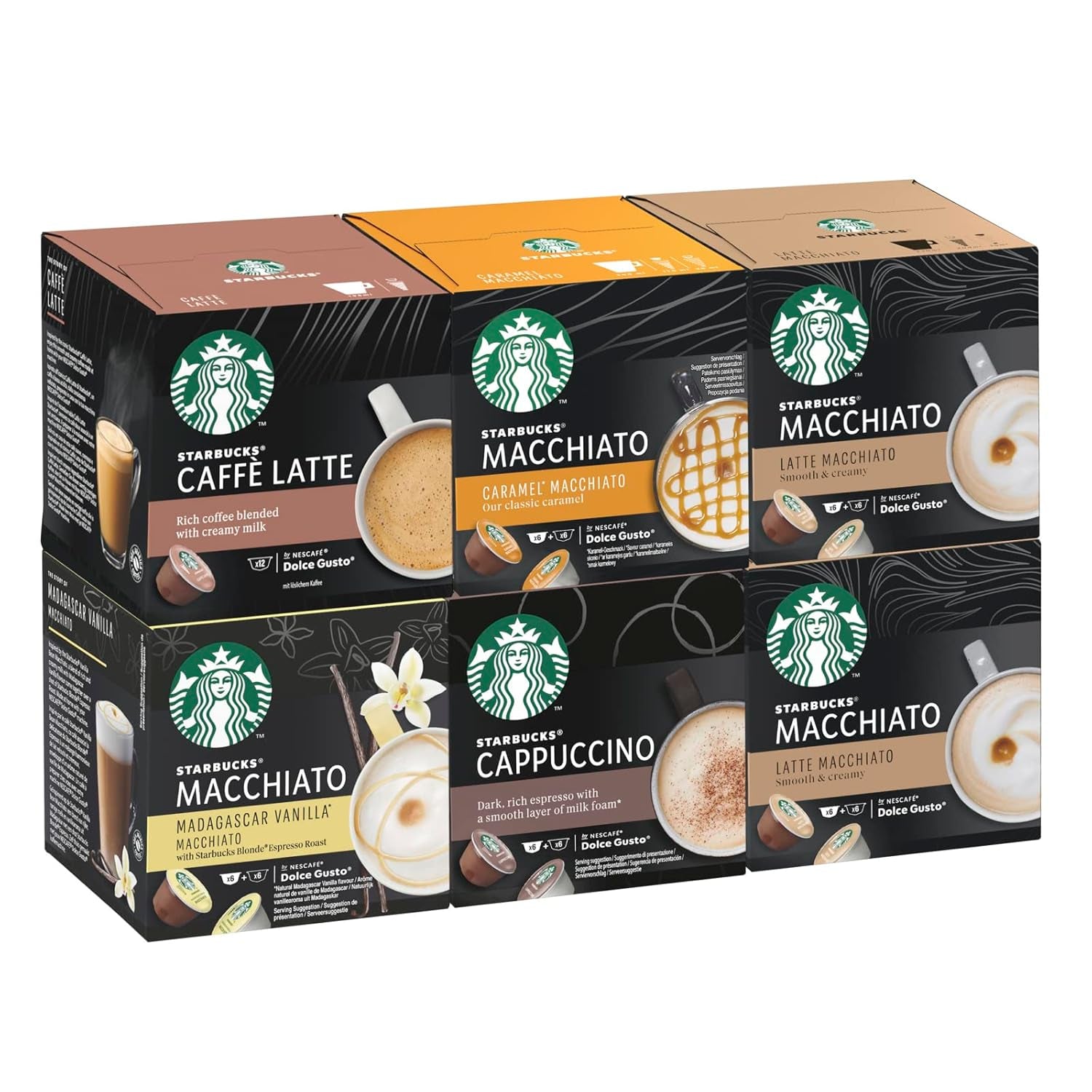 STARBUCKS Probierset, White Cup Variety Pack by Nescafé Dolce Gusto Kaffeekapseln & Vanilla Macchiato by Nescafé Dolce Gusto Kaffeekapseln 6 x 12 (72 Kapseln, 36 Portionen)