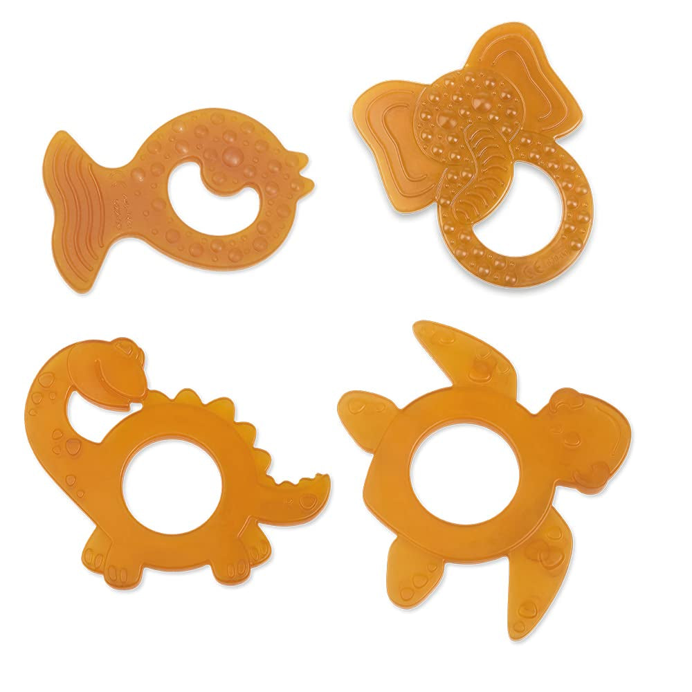 Inel de dentiție organic GRÜNSPECHT din cauciuc natural pentru bebelușii care își erup dentiția, masează gingiile, fără BPA, moale, promovează motricitatea fină, model dinozaur (639-V1)