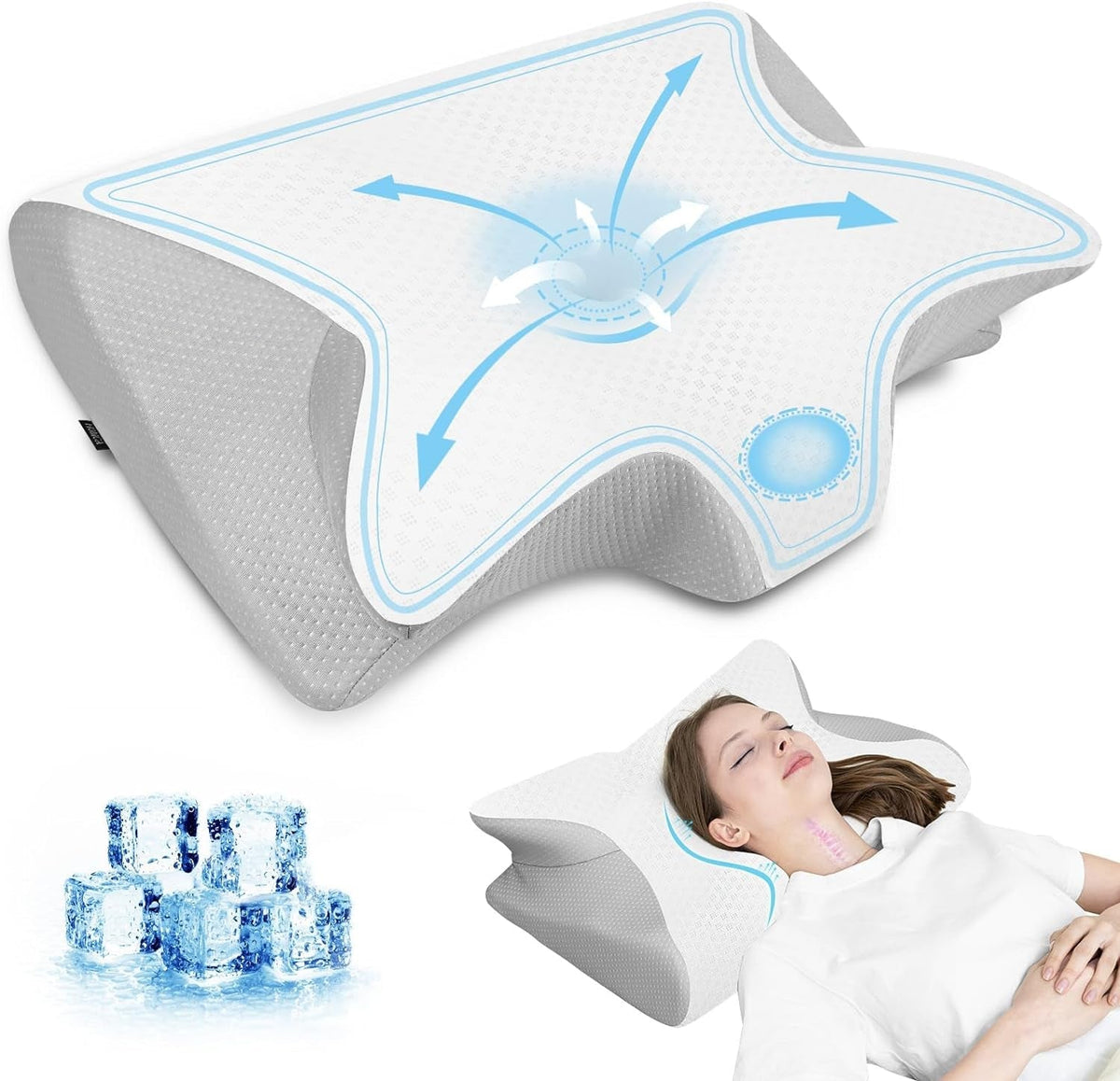 HOMCA Pernă pentru gât Pernă ortopedică din spumă de memorie 2 în 1 Pernă de susținere a gâtului cu capac de răcire 3D Pernă ergonomică de dormit pentru cei care dorm pe spate, lateral și abdominal, gri, 60X13/11X40 cm Perne ortopedice cervicale Naty Shop Gri