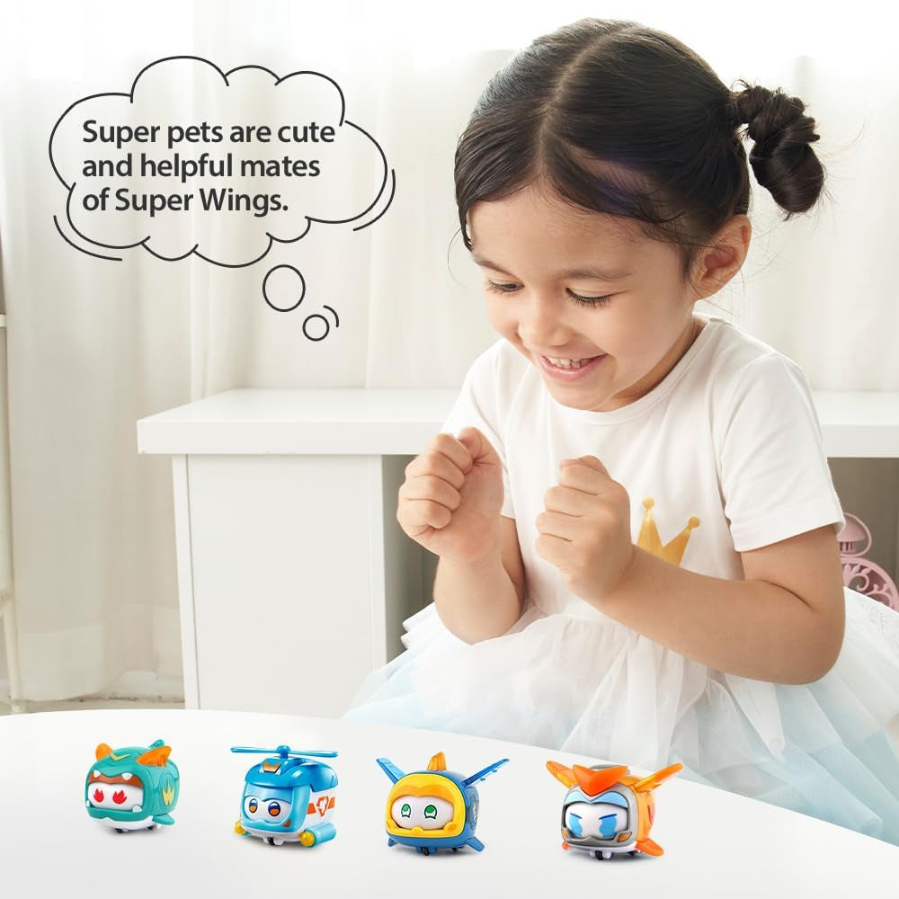 Super Wings Super Pets 4 PCS Shine, Golden Boy, Jerome, Ellie, cu expresie facială comutabilă, cu efect de fulger, portabil, jucărie pentru 3 4 5 6 7 8 ani băiat fată, 2 inci Action figures Naty Shop