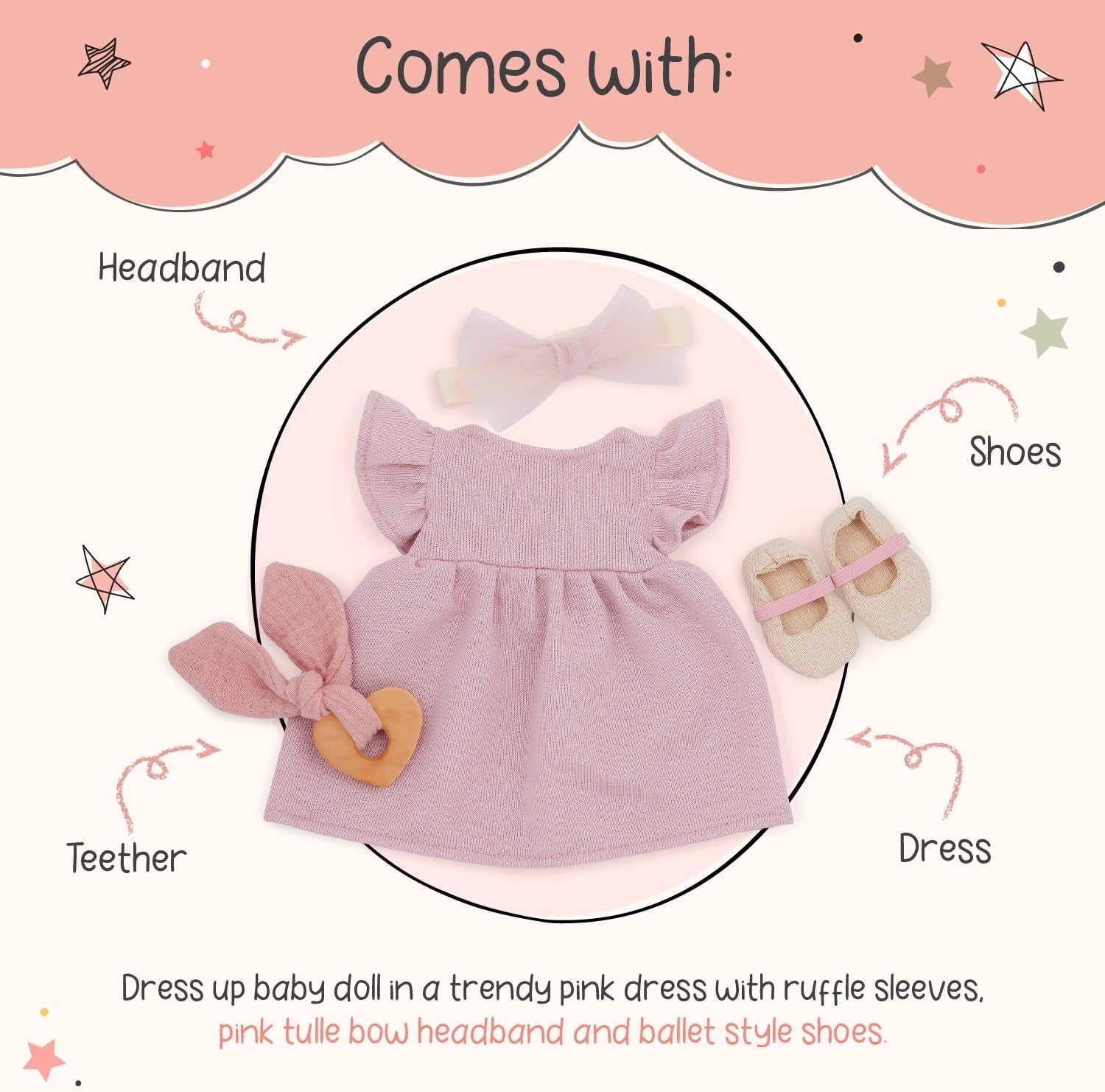 LullaBaby - Baby Puppe Dress Outfit - Kleidungsset - Rosa Kleid, Stirnband, Schnuller und Schuhe - 36 cm Baby-Puppen-Kleidung - Fantasievolles Spiel - Spielzeug für Kinder ab 2 Jahren