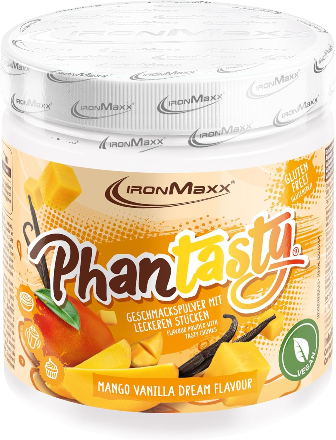 Ironmaxx Phantasty - Dose cremosa alla pesca 250G | Vegan Geschmackspulver Mit Echten Frucht- Oder Nussstückchen | Perfekter Zuckerersatz Dolcificanti Naty Shop 250 G (1Er Pack) Mango Vanilla Dream