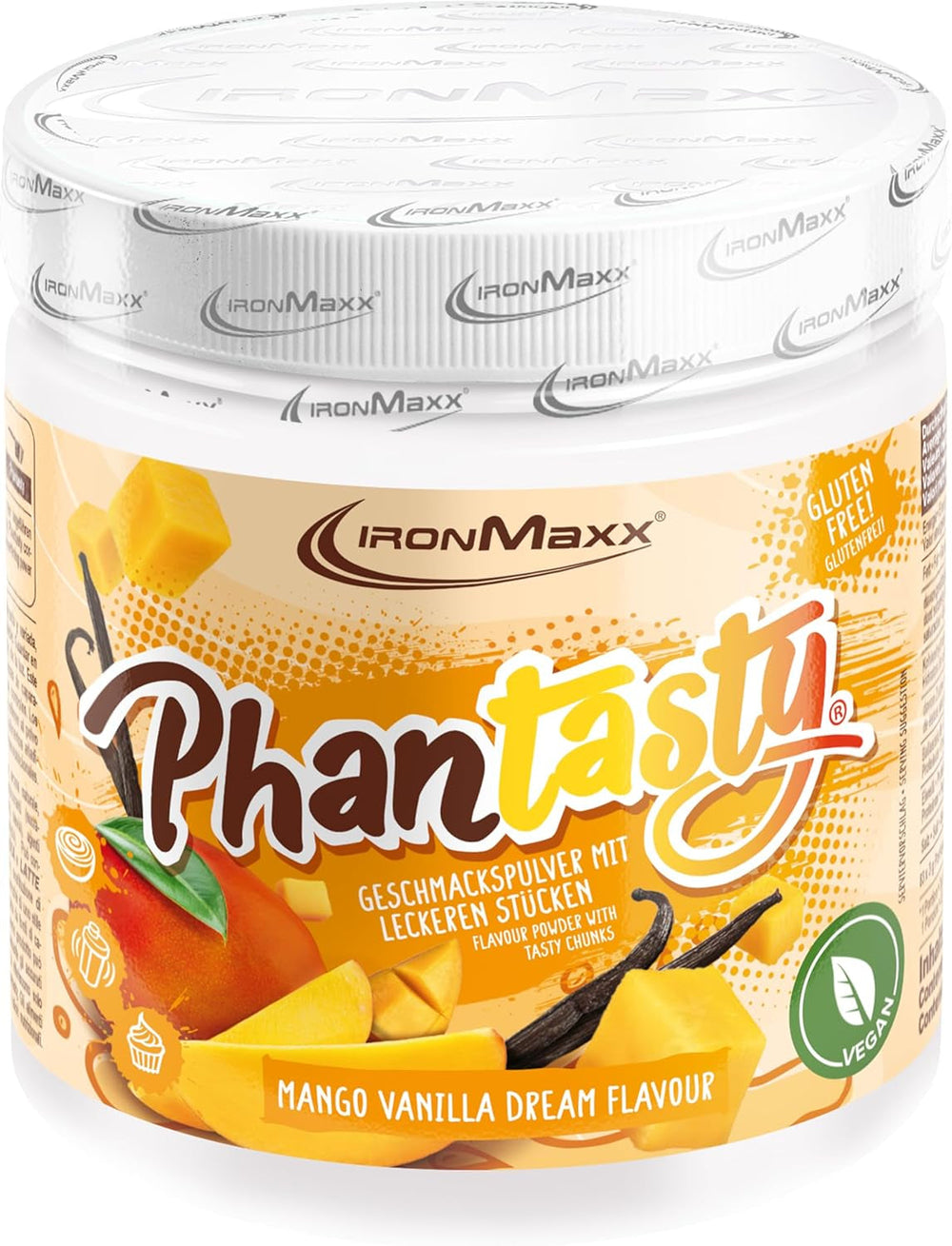 Ironmaxx Phantasty - Dose cremosa alla pesca 250G | Vegan Geschmackspulver Mit Echten Frucht- Oder Nussstückchen | Perfekter Zuckerersatz Dolcificanti Naty Shop 250 G (1Er Pack) Mango Vanilla Dream
