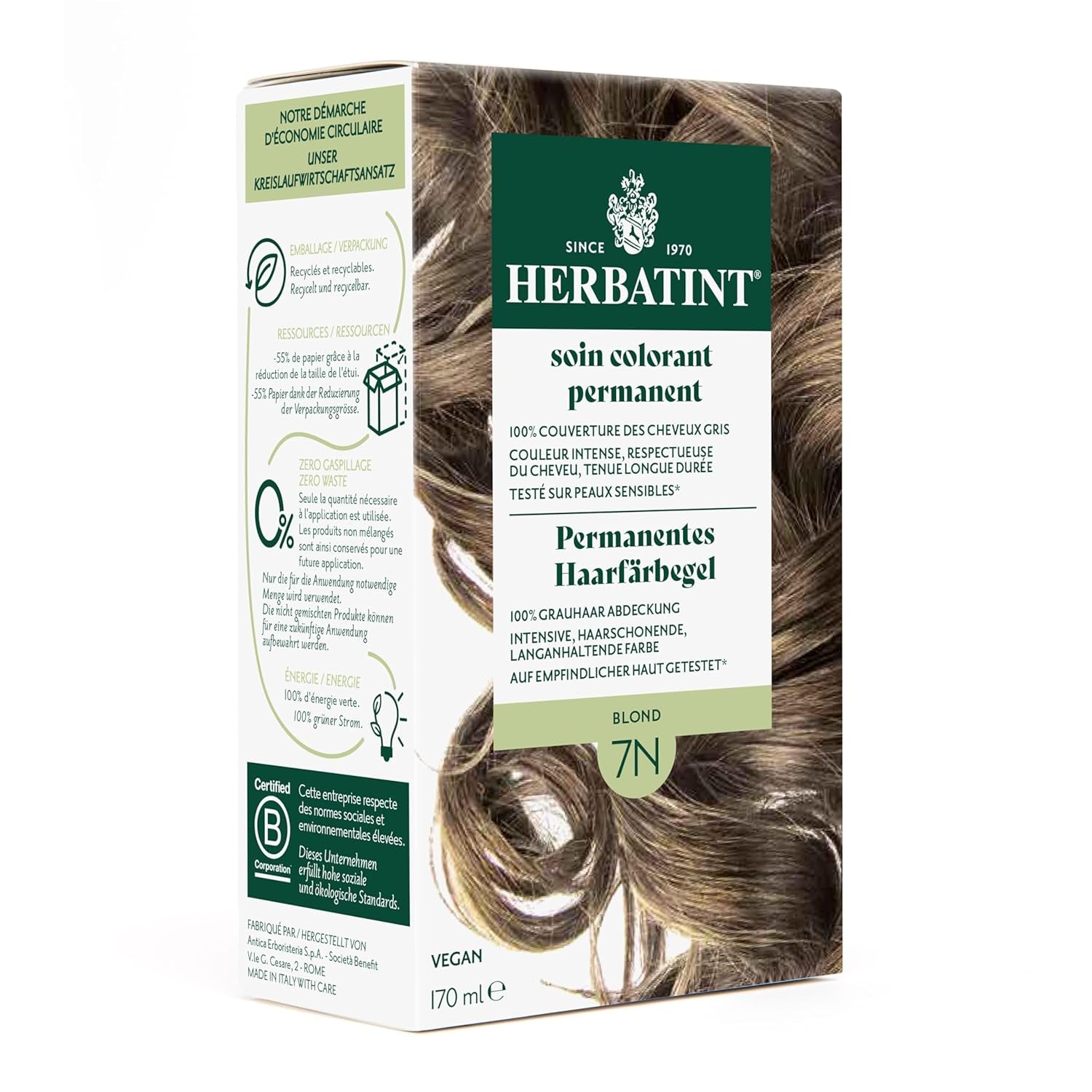 Gel pentru vopsirea permanentă a părului 6N blond închis - 170 ml I Fără amoniac, acoperire 100% a părului gri I Testat pe piele sensibilă, cu 8 extracte de plante Vopsea pentru par Naty Shop 7N Blond