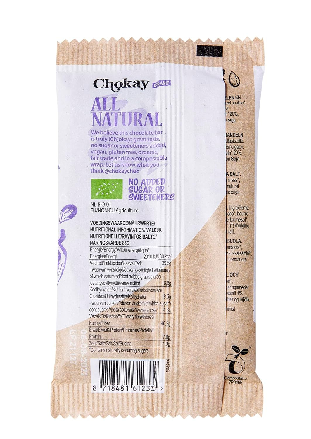 Barretta BIO - MANDORLE SALE/Cioccolato fondente belga con mandorle e sale marino/VEGAN, SENZA GLUTINE E COMMERCIO EQUO EQUO / 1x70g