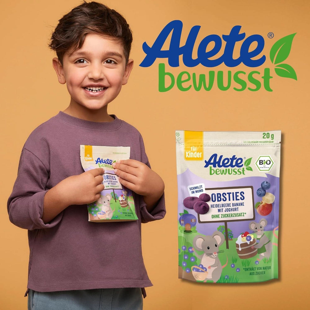 Altri Bewusst Obsties, Mirtillo e Banana con Yogurt, Dai 3 anni, chips di frutta biologica liofilizzata, 20 grammi Mamma e Bambino Naty Shop