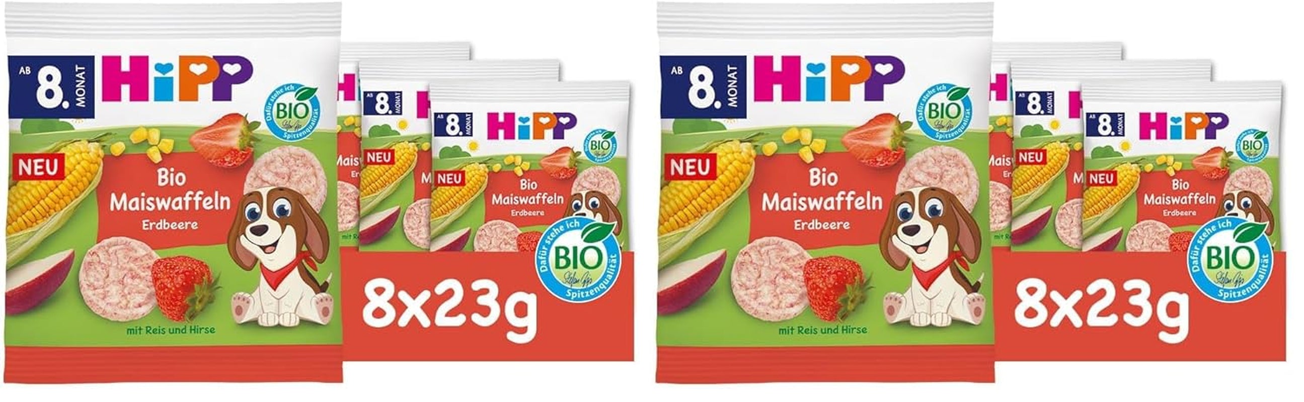 Waffle di mais biologico HiPP con fragole (8 x 23 g), spuntino per bambini a partire da 8 mesi, addolcito solo con frutta e verdura, senza glutine, migliore qualità biologica (confezione da 2)