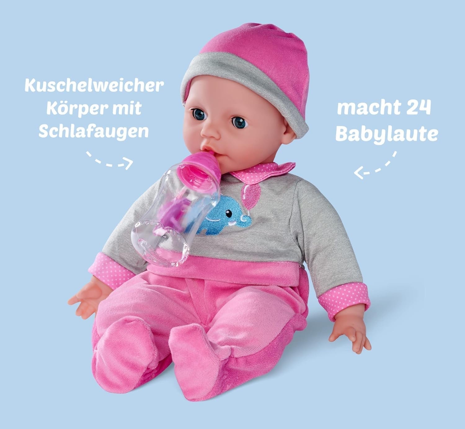 Simba 105140066 - Laura Interactiv, păpușă cu corp moale cu ochi adormiți, bolborosește când se mișcă, bea din biberon și doarme, 40cm, păpușă de la 2 ani Papusi Naty Shop