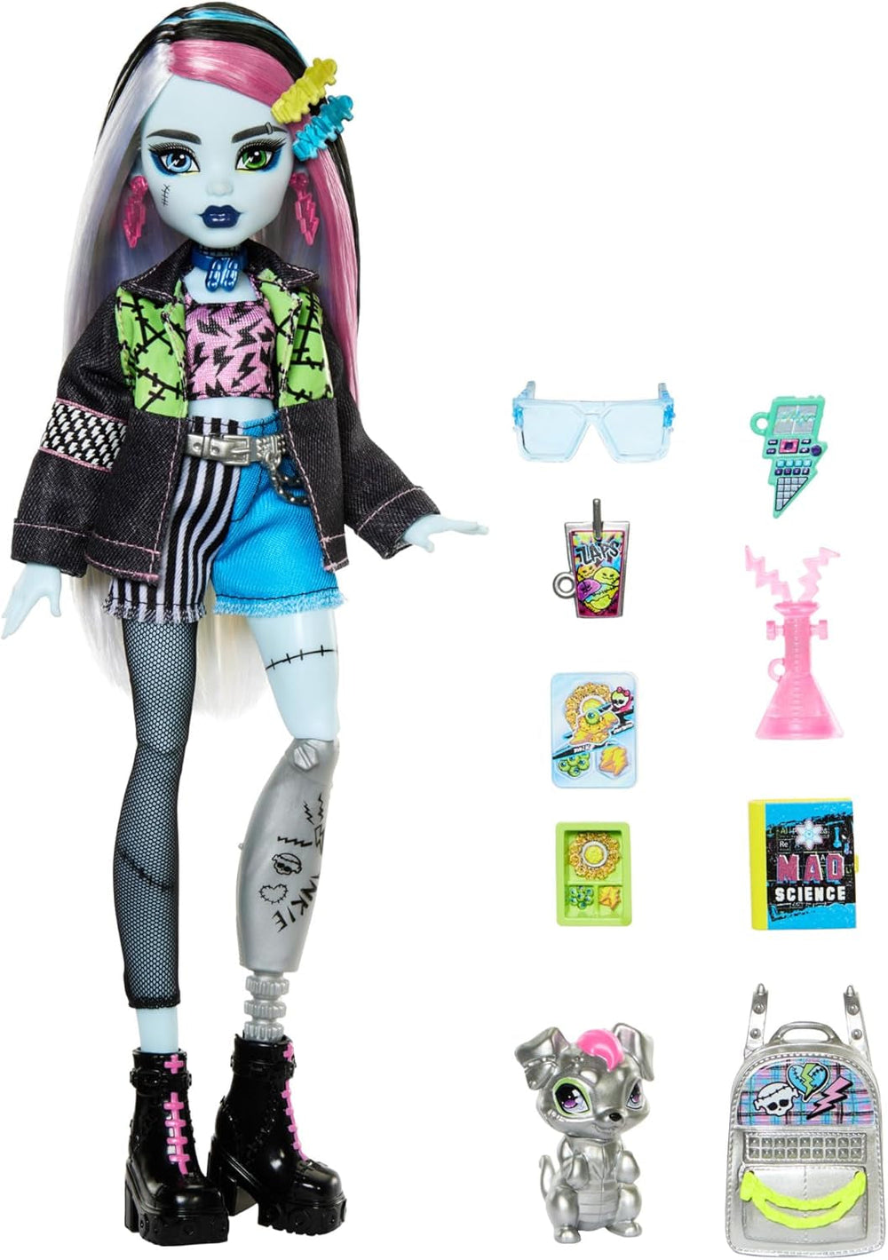 Monster High Frankie Stein-Puppe in Jeansjacke und Shorts, zum Lieferumfang gehören auch Ihr Hund Watzie und Zubehörteile wie EIN Rucksack, EIN Snack und EIN Notizbuch, HXH73