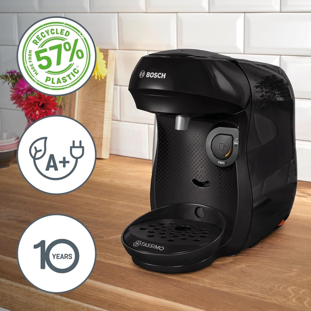 Espressor cu capsule Bosch Tassimo Happy Friendly TAS102E, peste 70 de băuturi, potrivit pentru toate tipurile de cești, oprire automată, sustenabil, dozat perfect, economisește spațiu, 1400 W, negru