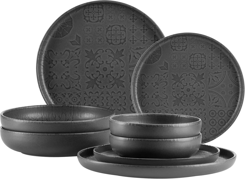 MÄSER 934064 Serie Tiles Modernes Vintage Geschirr Set Für 2 Personen in Maurischem Design Mit Mattglasur, 8-Teiliges Tafelservice Mit Tellern Und Schalen Aus Hochwertiger Keramik, Steinzeug, Schwarz Set di stoviglie Naty Shop Titolo predefinito
