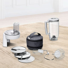 Bosch Küchenmaschine Serie 4 Mum58720, Edelstahl-Schüssel 3,9 L, Mixer 1,25 L, Planetenrührwerk, Knethaken, Schlag, Rührbesen, Durchlaufschnitzler, 3 Scheiben, 1000 W, Dunkelrot/Silber Mother and Child Naty Shop