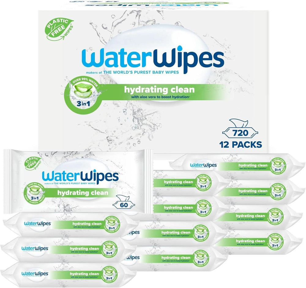 Waterwipes Șervețele pentru bebeluși hidratante și de curățare, cu 99% apă și extract de Aloe Vera, șervețele umede pentru față și corp Naty Shop