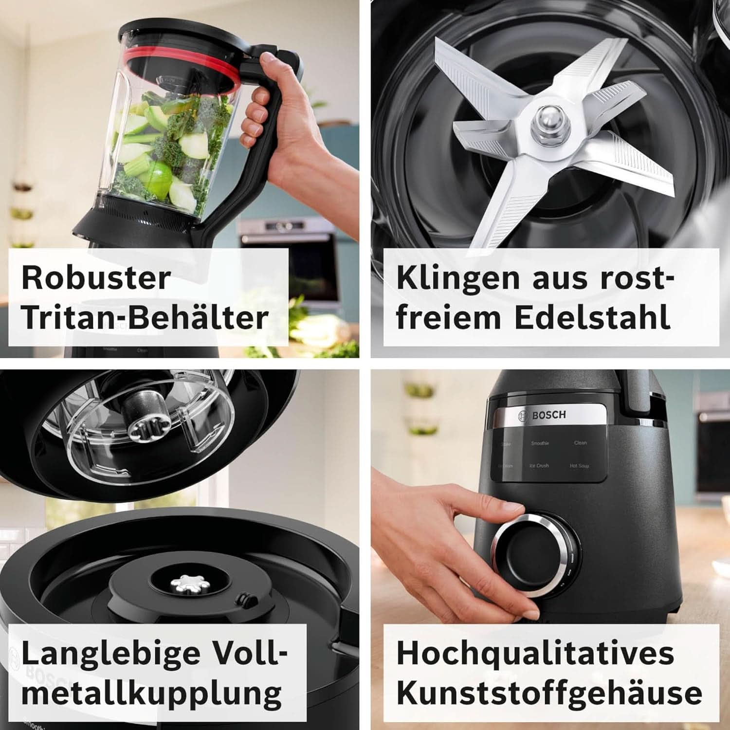 Robot da cucina ad alta velocità Vitapower Serie 6 MMBD665B1, 45.000 giri/min, 6 programmi Inkl Heiße Suppe & Reinigung, 2 L Mixbehälter, Stopfer, Spülmaschinenfeste Teile, Made in Europe, 1800W, Schwarz Kitchen Naty Shop