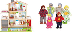 E3405 - Vilă pentru păpuși, Casă de păpuși cu accesorii, din lemn și E3500 - Familie de păpuși, piele deschisă la culoare