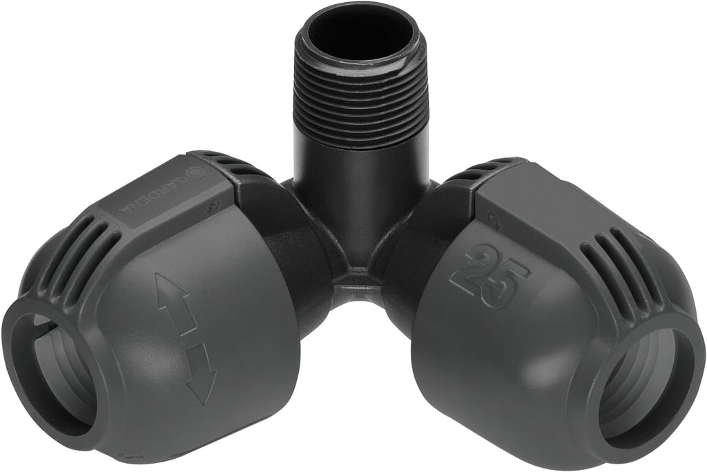 Sistem de irigații Gardena, piesă în L: Conector pentru schimbarea direcției conductei de alimentare, 25 mm, tehnologie de conectare Quick&Easy, compatibil cu conductele de alimentare Gardena de 25 mm, asamblare fără unelte (2773-20)