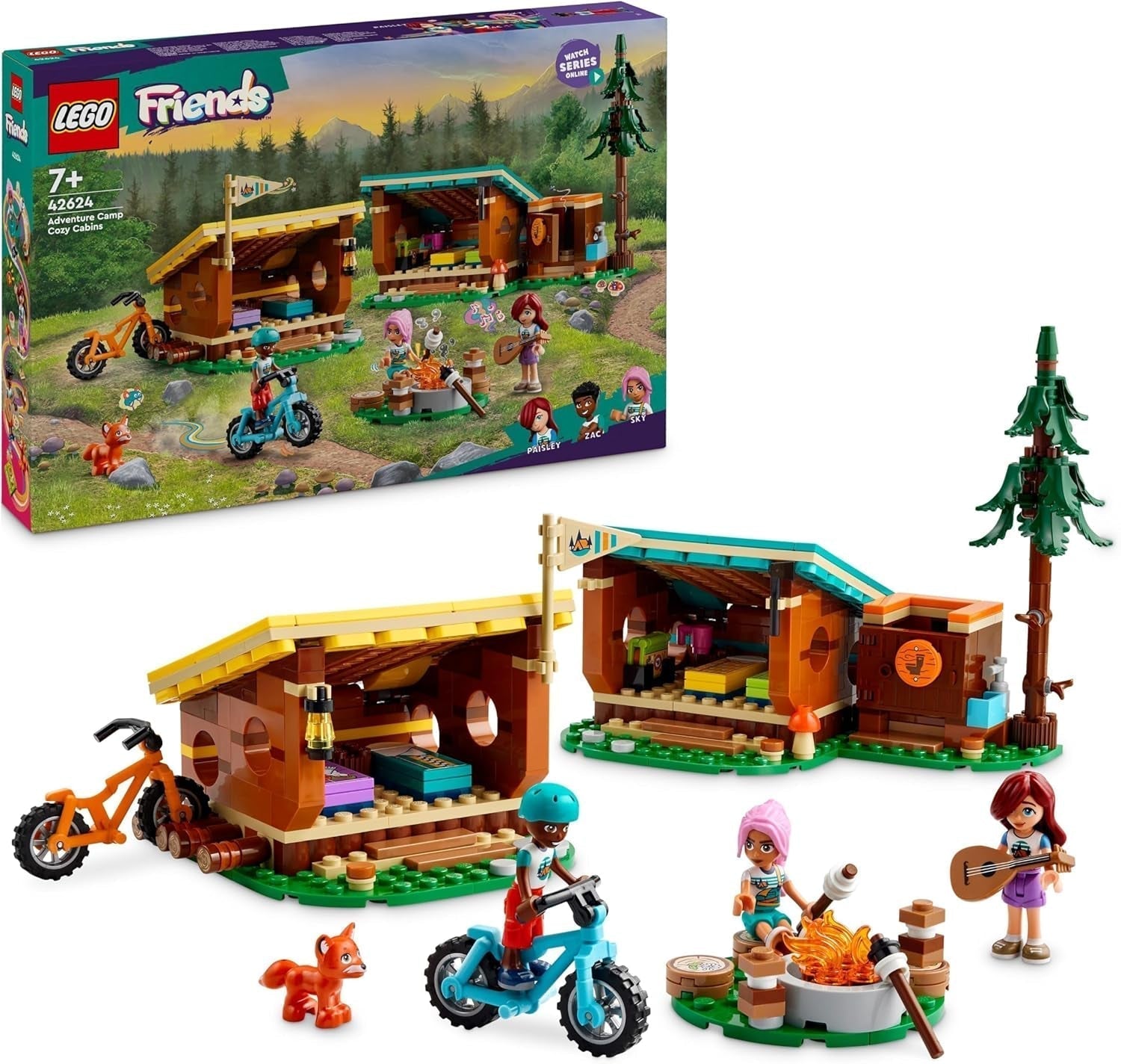LEGO Friends Capanne accoglienti al campo avventure, set da gioco per giochi di ruolo all'aperto, giocattolo per bambini per ragazze e ragazzi di 7 anni con 3 personaggi e volpe, giocattolo da campeggio 42624 Set da costruzione Besuche den LEGO-Store Titolo predefinito