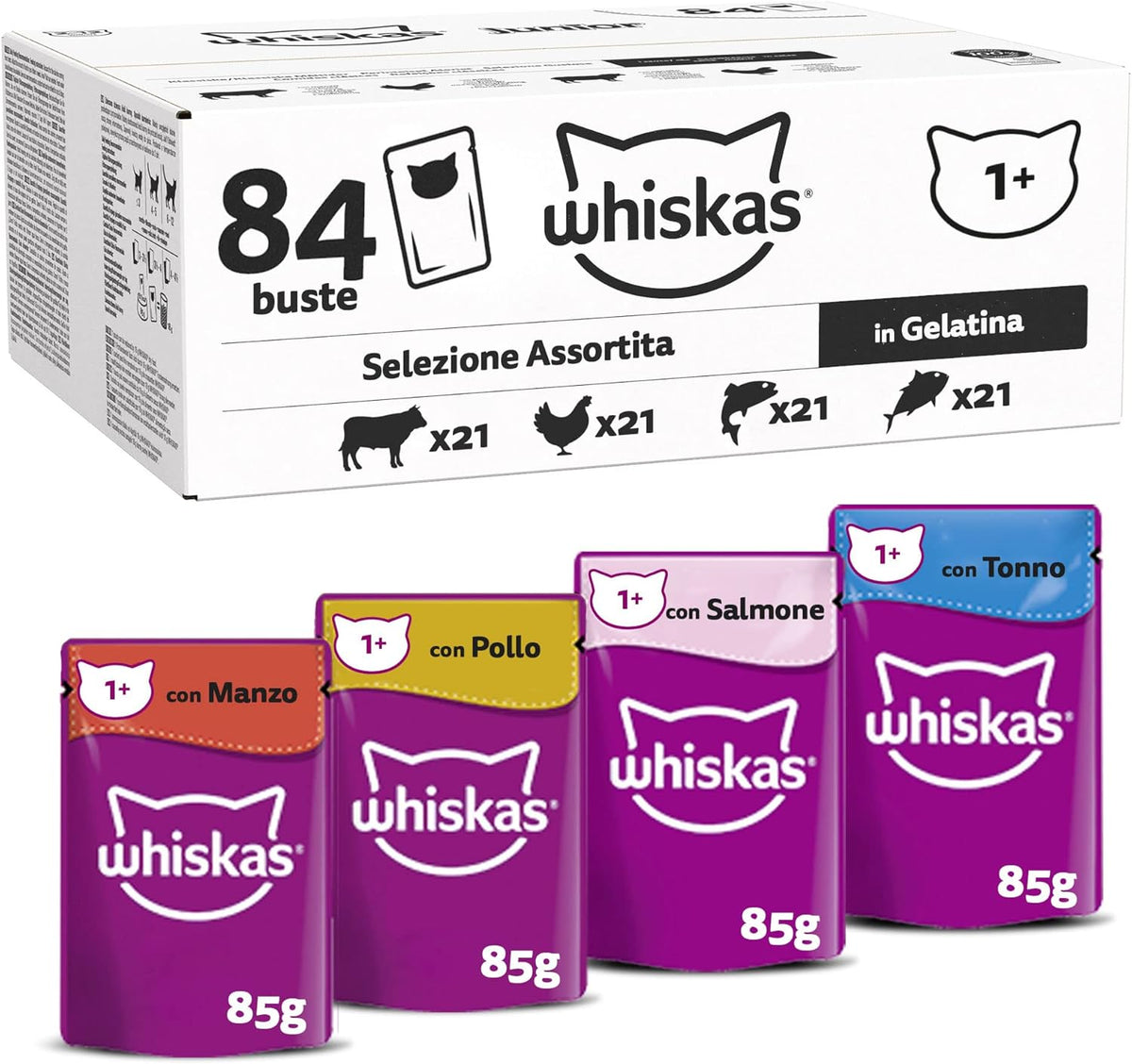 Hrană umedă Whiskas Adult 1+ Selecție mixtă în jeleu, 84 pliculețe, 84x85g (1 pachet mare) – Hrană umedă de înaltă calitate pentru pisici adulte