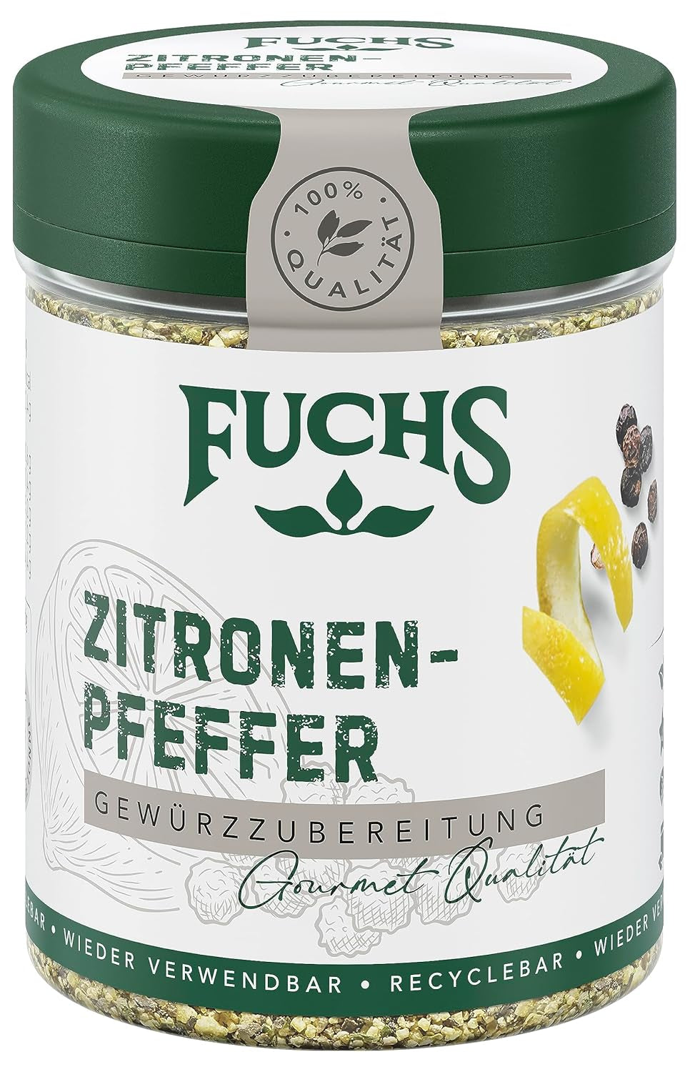 Fuchs Gewürze - Citronenpfeffer Gewürz - Gewürzzubereitung für Lachs, Zander und Kabeljau - ingredienti naturali - 75 g in wiederverwendbarer, recyclebarer Dose