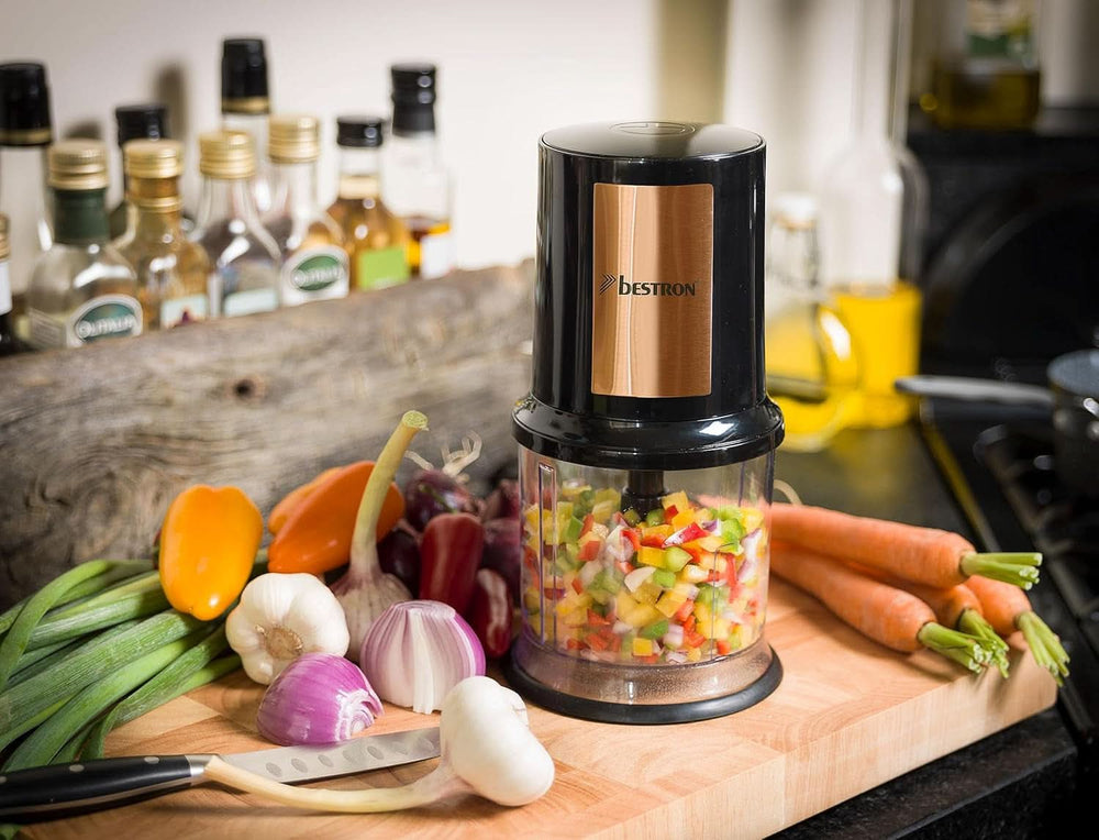 Bestron Elektrischer Multi-Zerkleinerer, Universalzerkleinerer Mit Zwei Schneidemessern & 500Ml Kapazität, Grosse Pulstaste, 400 Watt, Farbe: Kupfer Kitchen Naty Shop