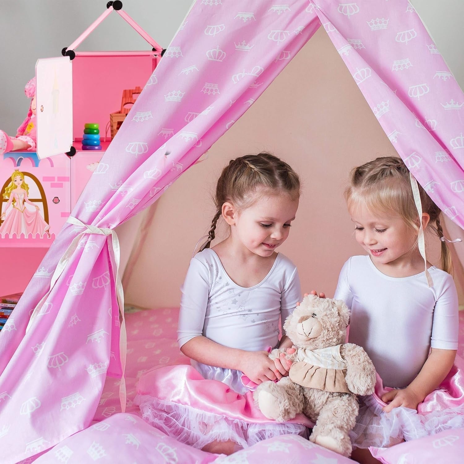 Relaxdays Scaffale per Cameretta per Bambini, Castello della Principessa, Plastica, Armadietto Fai da Te con Ante, HBT: 128 X 110 X 37 Cm, Rosa Naty Shop Dollhouses