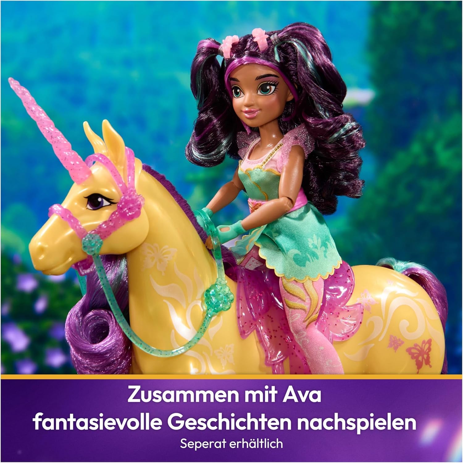 Frunză de Unicorn Unicorn Academy - 28 cm înălțime, unicorn original de Ava din serialul Netflix, cu coamă și coadă reale, frâu și șa detașabile și perie, pentru copii cu vârsta de 4 ani și peste
