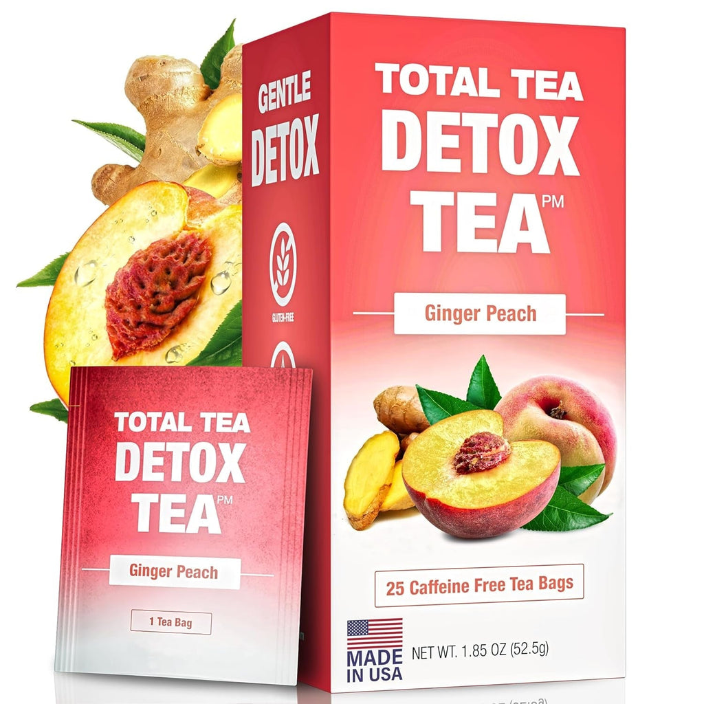 Total Tea Zero Cofeină Ceai Detox - Complet natural - Ceai din plante pentru curățare delicată, susține regenerarea ficatului, detoxifierea organismului, cura de detoxifiere - 25 pliculețe de ceai Ghimbir-piersică