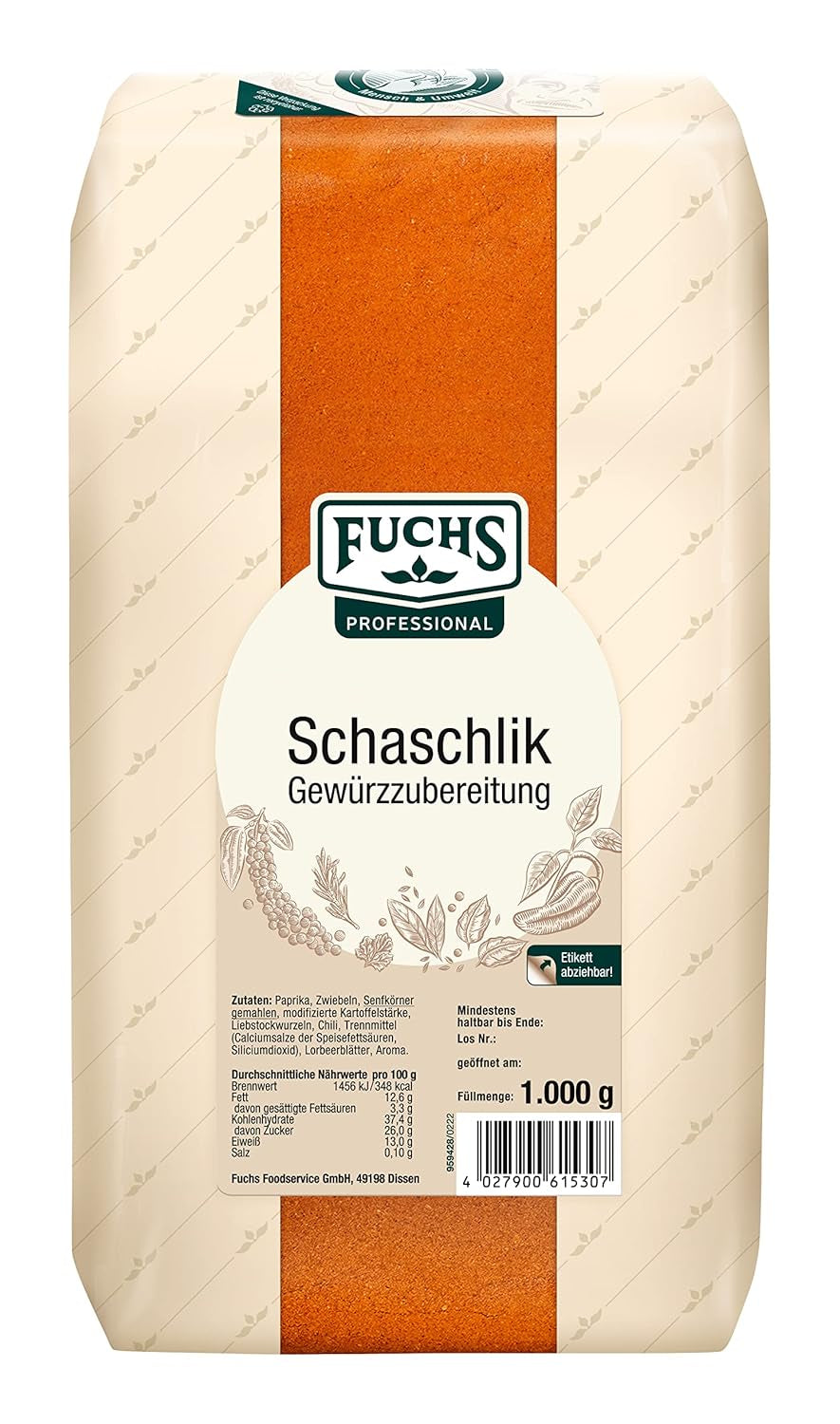 Fuchs Professional - Schaschlik Gewürzmischung | Zum Würzen/Marinieren von gebratenem oder gegrillten Fleisch | Qualità professionale per grossi verbi | Sacco riciclabile da 1 kg