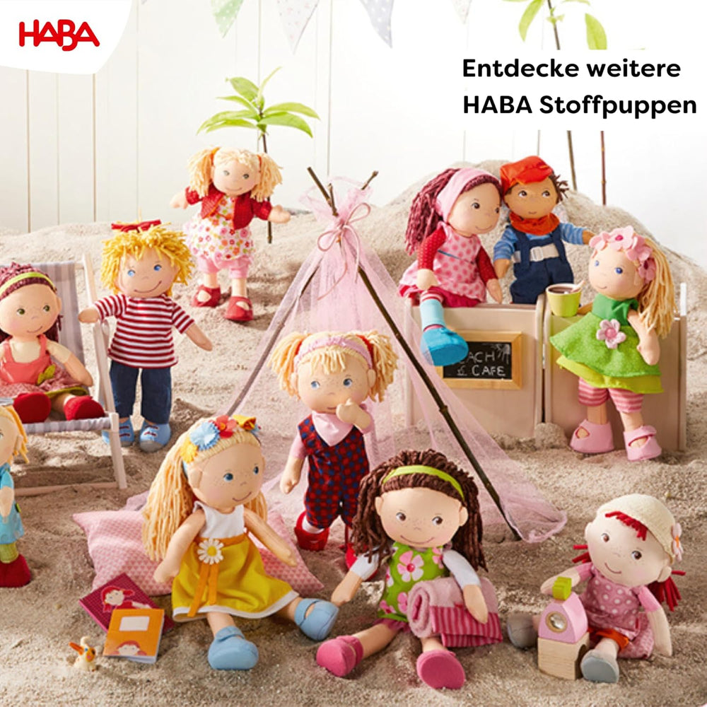 Păpușa moale HABA Annelie – Păpușă moale cu păr aranjat – Cu haine interschimbabile – De la 18 luni – 30 cm – Lavabilă – 1302108001