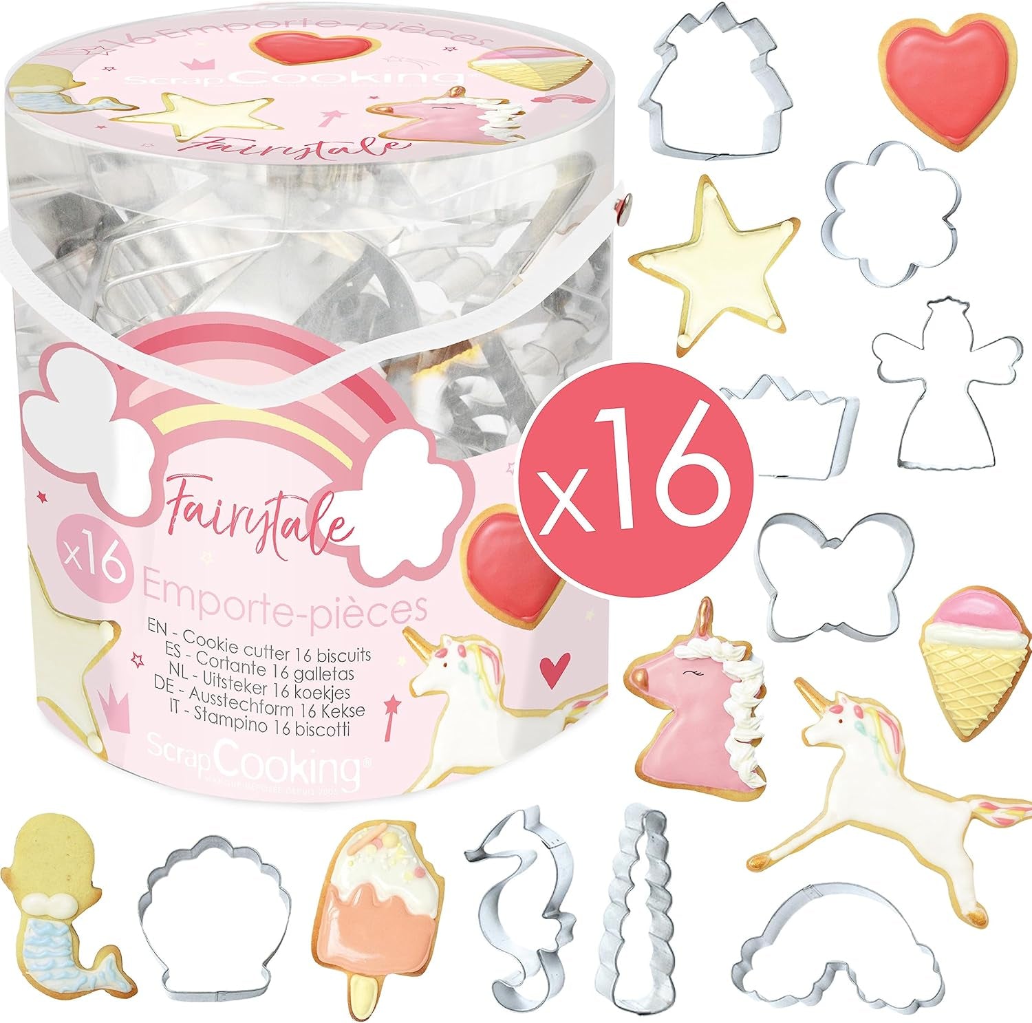 ScrapCooking - Set de 16 forme de biscuiți Unicorn - Forme de biscuiți - 16 piese - Curcubeu, Zână, Sirenă, Coroană, Floare - Formă de copt - Forme de biscuiți din oțel inoxidabil - 2027